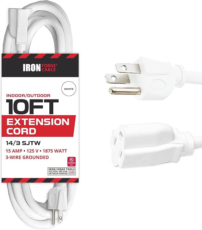 Iron Forge Cable Weatherproof 10 Ft Outdoor Extension Cord - 14/3 SJTW Heavy Duty White Extension Cord 3 Prong - 15 Amp Exterior Power Cable
