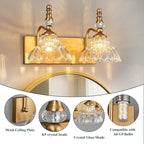 Vintage Bathroom Vanity Light, 2-Light Brass Vanity Lighting Fixture with Flower Glass Shade, Bathroom Lighting Fixtures Over Mirror