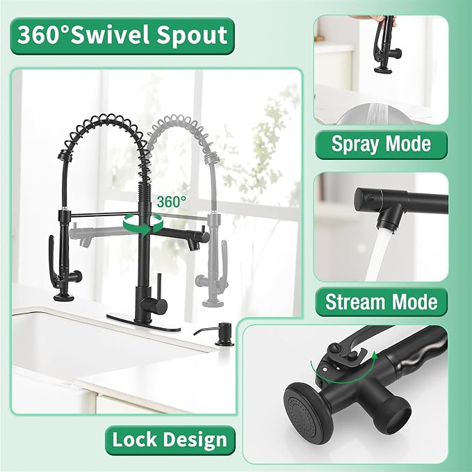 Fapully Commercial Pull Down Kitchen Sink Faucet with Sprayer Matte Black Single Handle Faucets for Kitchen Sink, Kitchen Faucet with Soap Dispenser and Deck Plack for 4 Hole