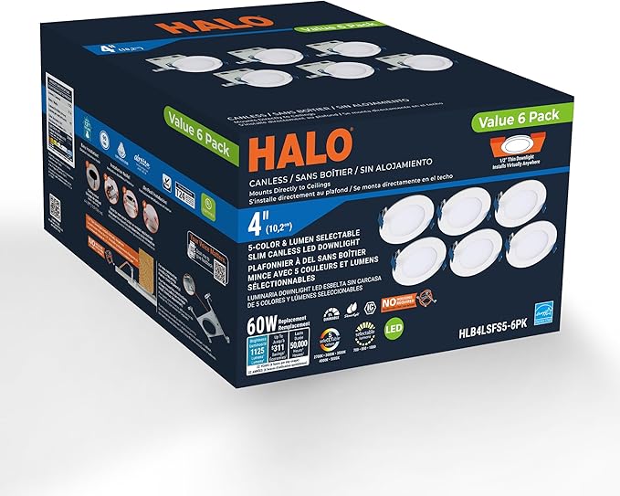 HALO 4 inch LED Recessed Ceiling Light 6-Pack Canless Dimmable with Selectable Lumens and Selectable Color Temperature 2700K-5000K Indoor Outdoor Wet Location Airtight Ultra Slim HLB4LSFS5-6PK