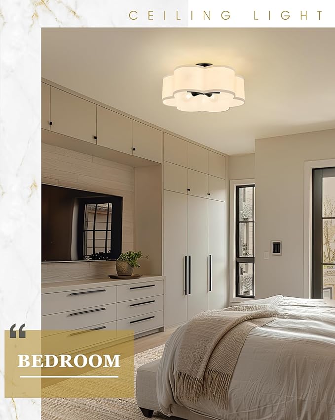 Black Semi Flush Mount Ceiling Lights, 6-Light 18Inch Ceiling Light Fixtures with Fabric Drum Shade in Flower Shape for Nursery Bedroom Kitchen, AD-22007-6SF-BK