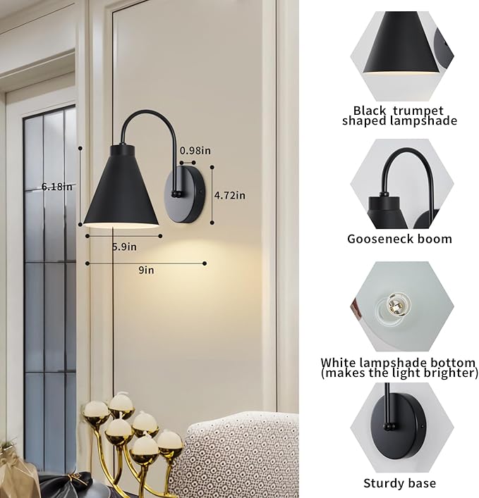 Vintage Cordless Gooseneck Battery Operated Wall Sconces Set of 2, Black Bedside Battery Powered Wall Decor Lamps with Remote Control, Wireless Indoor LED Lights Fixture for Hallway Bedroom