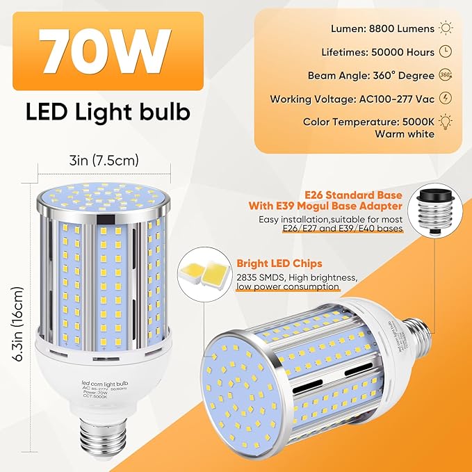 70W LED Corn Light Bulb(6 Pack),(700 Watt Equivalent) Fanless E26/E39 Medium/Large Mogul Base LED Cob Lamp 5000K Daylight 8,800LM for Outdoor Indoor Garage Warehouse Factory Workshop Street Backyard