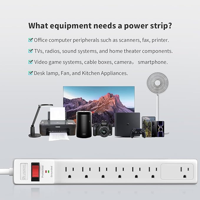 PLUGTUL Surge Protector 15FT (980 Joules), Flat Plug Power Strip, Extension Cord with Multiple Outlets, 7 Outlets, ETL Listed, 14 Gauge, Wall Mountable for Home Office Garage, White