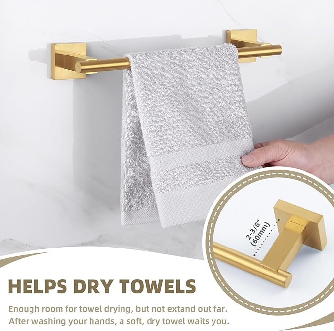 Suyar Brushed Gold Bathroom Accessories, SUS 304 Stainless Steel Bathroom Hardware Set 4 Pieces, Include Robe Hook, Toilet Paper Holder, Hand Towel Holder, Towel Bar, Wall Mount