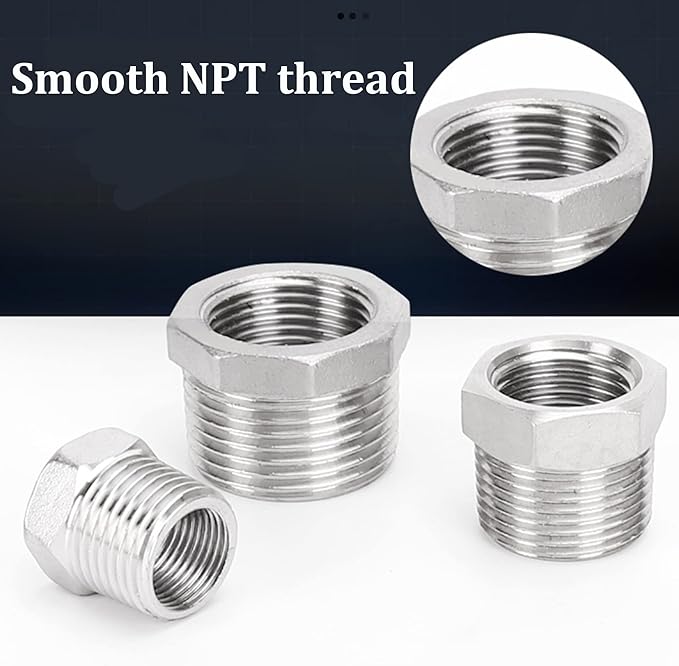 2 Pcs 304 Stainless Steel Reducer Hex Bushing, 3/4" Male NPT to 3/8" Female NPT Pipe Fitting Hex Bushing, Heavy Duty Pipe Fitting Reducer Adapter (3/4" - 3/8")