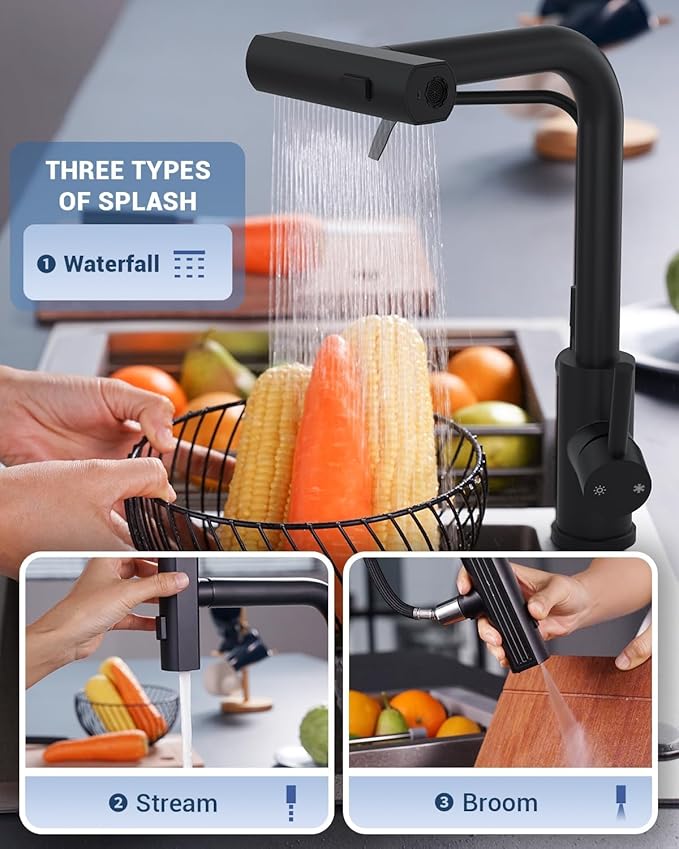 APPASO Kitchen Faucet with Water Filter, 2 Handle Waterfall 3 in 1 Kitchen Faucet, Black Kitchen Sink Faucet, 3 Hole Kitchen Faucets with Pull Down Sprayer (Without Water Filtration Device)
