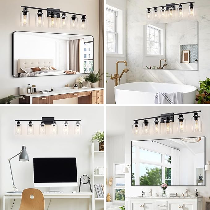 6 Light Bathroom Light Fixtures Black Vanity Light Over Mirror Modern Farmhouse Wall Lighting Sconces Wall Lamp for Bathroom, Bedroom, Living Room E26 Socket with Glass Shade