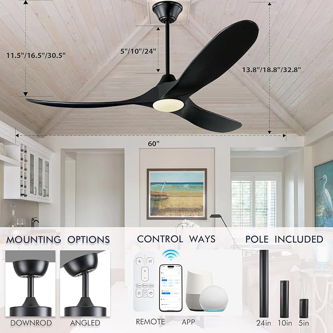 60 inch Black Ceiling Fan with Lights, Outdoor Ceiling Fans for Patios Damp Rated, Large Airflow Smart Propeller Ceiling Fan Modern Wooden Ceiling Fans for Commercial Indoor Exterior House Porch