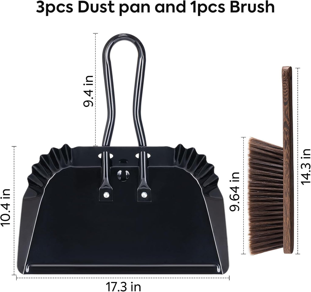 Yangbaga 3pcs Metal Dustpan and Brush Set, 17In Extra Large Handheld Dust Pan and Wood Broom,Heavy-Duty Dust Pans Metal Edge Flat Against Floor for Patio/Pet/Car/Outdoor