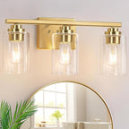 3-Light Bathroom Light Fixtures, 19" Modern Vanity Lights Over Mirror with Clear Glass Shades, Gold Light Fixture, Classic Wall Light Fixture for Mirror Living Room Cabinet Bedroom Porch