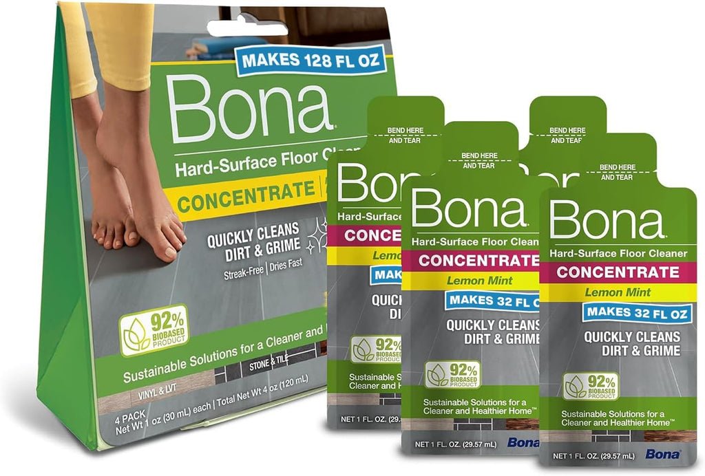 Bona Multi-Surface Floor Cleaner Concentrate, Lemon Mint Scent, 1 fl oz, Pack of 4 (Makes 128 fl oz) Spray Mop and Spray Bottle Refill – For Use on Stone, Tile, Laminate, and Vinyl Floors