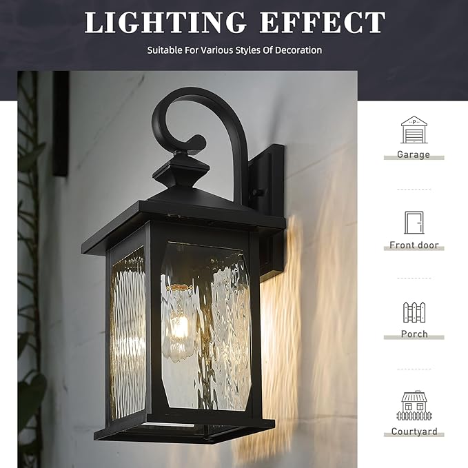 zeyu 21.2 Inch Outdoor Wall Fixture, Large Outdoor Sconce Lights for Patio Garage, Die-Cast Aluminum with Water Ripple Glass, Black Finish, ZD99B-M BK-WP