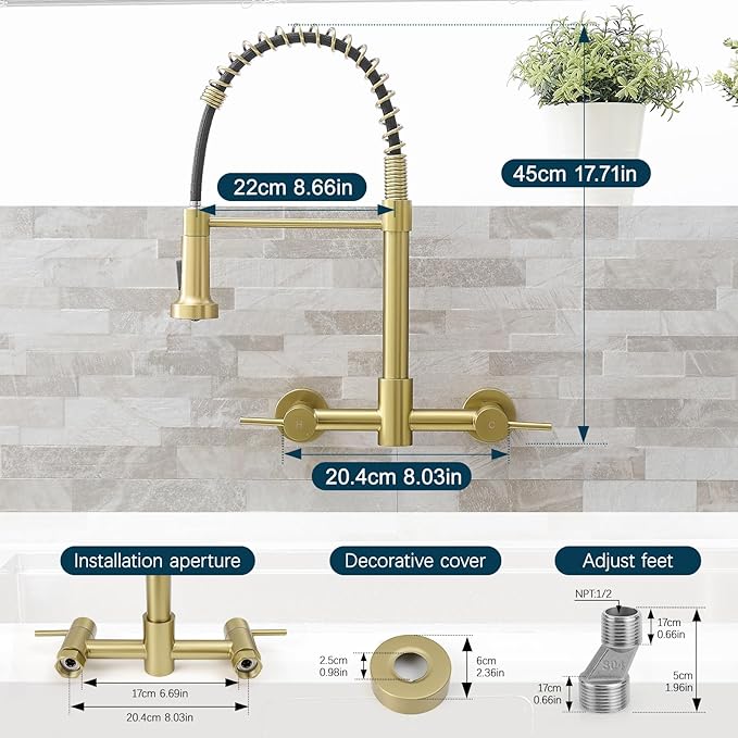 AIMADI Brushed Gold Kitchen Faucet,Wall Mount Faucet 8 Inch Center|2 Handle Commercial Sink Faucet for Modern Kitchens Luxury Style