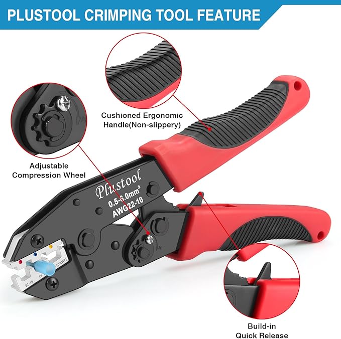 6PCS Crimping Tool Set - Ratcheting Wire Crimper - for Heat Shrink, Insulated Nylon, Non-Insulated, Ferrule Terminal, Open Barrel Terminals & Solar Connectors