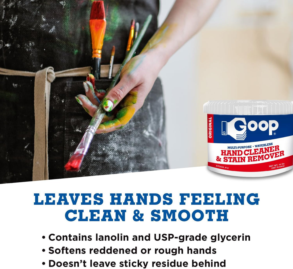 GOOP Multi-Purpose Hand Cleaner- Waterless Hand Degreaser, Laundry Stain Remover - NonToxic and Biodegradable Cleaner Remove Dirt, Oil, Paint, Ink, and Clothes Stains Original, 14oz Pack of 1