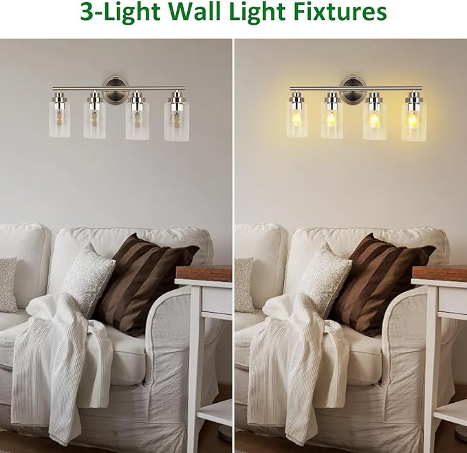 DLLT Bathroom Light Fixtures, Silver 4-Light Wall Sconces Lighting with Clear Glass Shade, Bath Vanity Light for Power Room, Mirror, Kitchen, Bedroom, Hallway (E26 Base Bulbs Not Included)