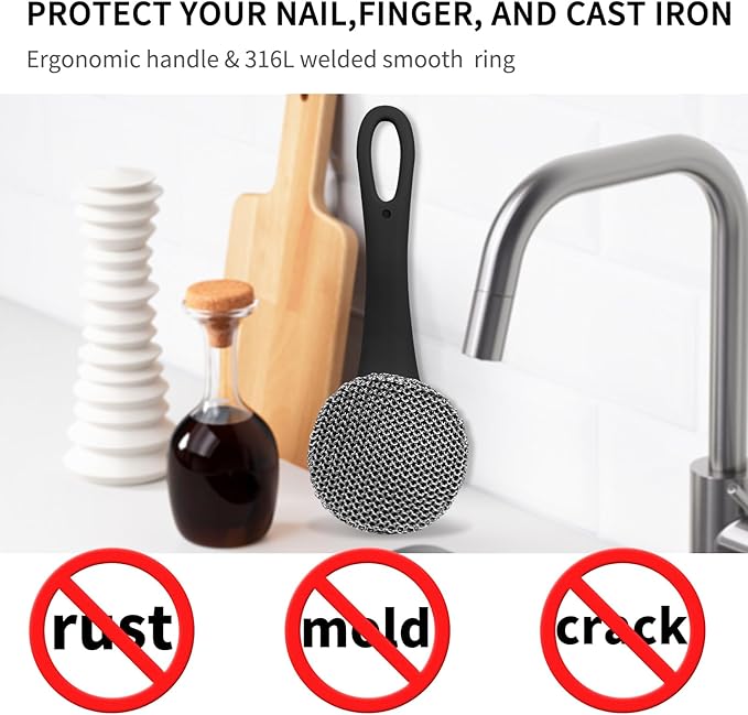 Cast Iron Cleaner Scrubber with Long Handle- Welded Fine Chain Mail Scrubber Cleaning Kit- Metal Brush Chainmail Scrubbing Sponge to Clean Skillet, Dishes, Griddle, Wok, Dutch Oven Scrub