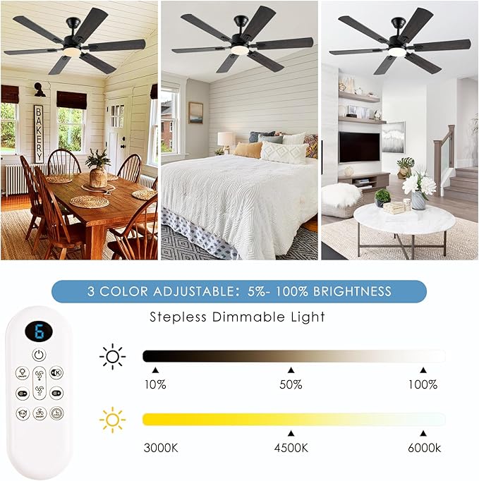 56inch Ceiling Fans with Lights and Remote/App Control, Dimmable LED, Reversible DC Motor, Noiseless, 6 Double-side blades, Modern Low Profile Ceiling Fan for Indoor/Outdoor Use (Brown)