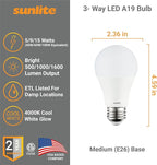 Sunlite 40421 3-Way LED A19 Light Bulb, 5/9/15 Watts (40W 60W 100W Equivalent), 500-1000-1600 Lumens, Medium E26 Base, Omni-Directional, ETL Listed, Frost, 4000K Cool White, 6 Count