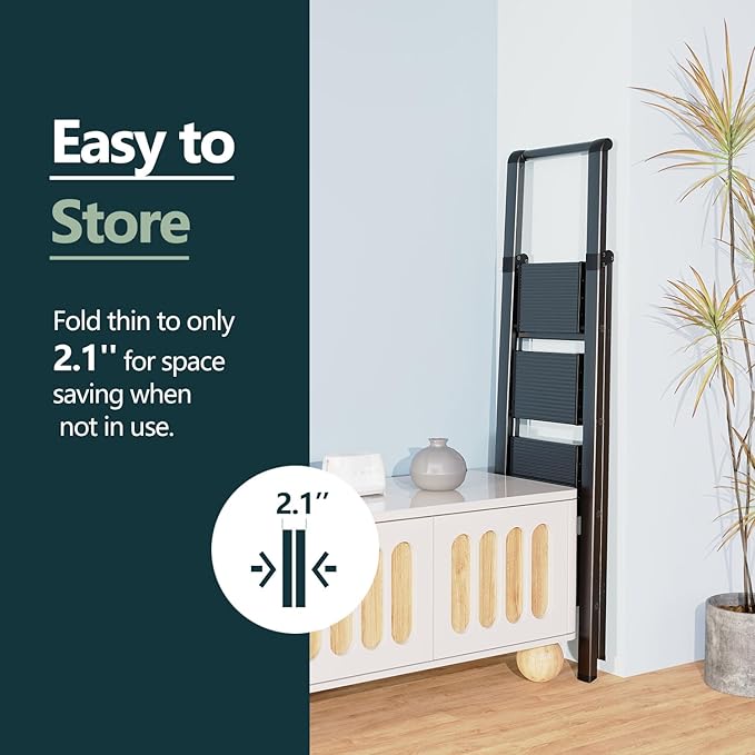 WOA WOA 4 Step Ladder for 10 Feet High Ceiling, Lightweight Foldable Ladder with Non-Slip Wide Pedals, Step Stool with Safe Handrail, Space Saving for Home, Kitchen, Indoor & Outdoor 300lbs - Black