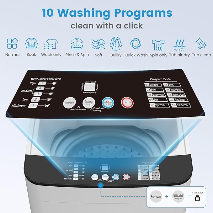 VCJ Portable Washing Machine, 28 Lbs Full-Automatic Portable Washer with 10 Wash Cycles, 24 H Delays, LED Display, Electric Laundry Machine for Apartment, RVs, Dorms