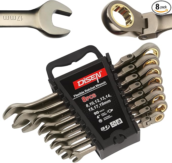DISEN 90 Teeth Ratchet Wrenches Set 8 Pieces, Flex Head Ratcheting Wrench Set Metric 8 10 12 13 14 15 17 19MM, Nickel Plating Cr-V Constructed with Organizer Rack