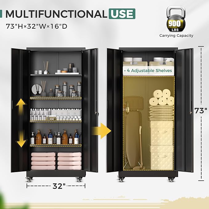 Greenvelly Metal Garage Storage Cabinet with Wheels, Black 73" Rolling Metal Cabinet with Locking Doors and Adjustable Shelves, Tool Organization with Wheels for Home,Kitchen,Office