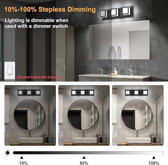3-Light Bathroom Lighting Fixtures Over Mirror (5CCT, Dimmable), Black Led Modern Vanity Light for Bathroom (3000K/3500K/4000K/5000K/6000K)