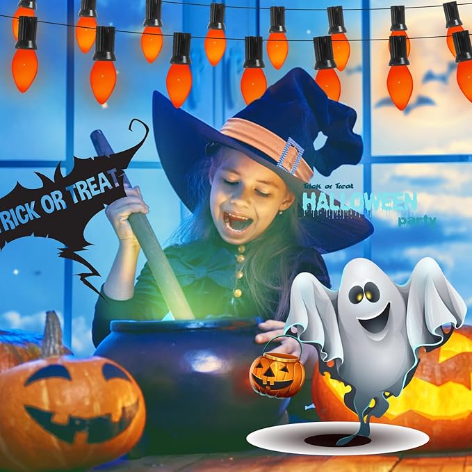 Abeja 25 Pack C7 Halloween Replacement Light Bulbs, Orange Ceramic Christmas Lights C7/E12 Candelabra Bulb for Indoor Outdoor Christmas Halloween String Light Bulbs Replacement, 5W