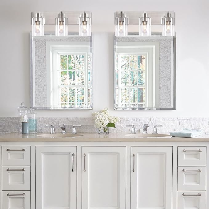 3-Light Bathroom Vanity Light Fixtures,Modern Wall Sconces,Bathroom Lights Over Mirror,Wall Mounted Lamp for Kitchen Living Room Bedroom Hallway,Brushed Nickel Finish with Clear Glass Shade