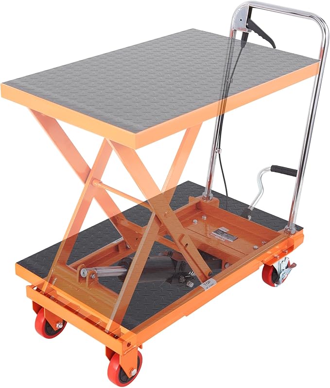 VEVOR Hydraulic Lift Table Cart, 500lbs Capacity 28.5" Lifting Height, Manual Single Scissor Lift Table with 4 Wheels and Non-Slip Pad, Hydraulic Scissor Cart for Material Handling, Orange