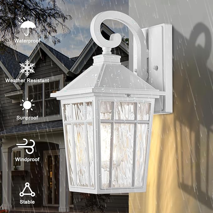 Darkaway Outdoor Wall Lights for House, Exterior Lighting Fixtures Wall Mount Outside Porch Lights Waterproof White Outdoor Sconce Lights with Water Ripple Glass for Patio Garage Front Door