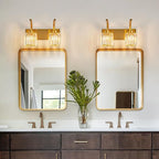 Bathroom Crystal Vanity Lights 2-Light Gold Wall Lamp Modern Crystal Bathroom Light Fixtures Over Mirror 13.77" Long Wall Sconce