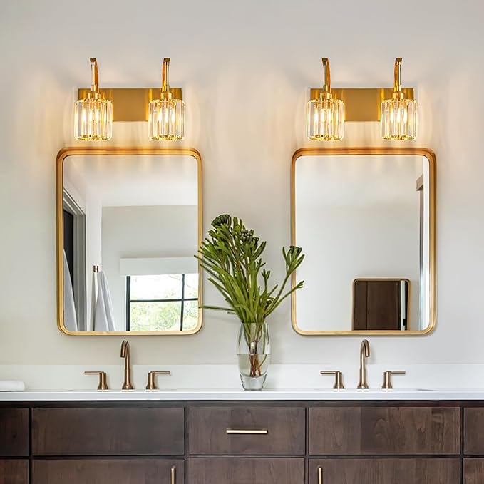 Bathroom Crystal Vanity Lights 2-Light Gold Wall Lamp Modern Crystal Bathroom Light Fixtures Over Mirror 13.77" Long Wall Sconce