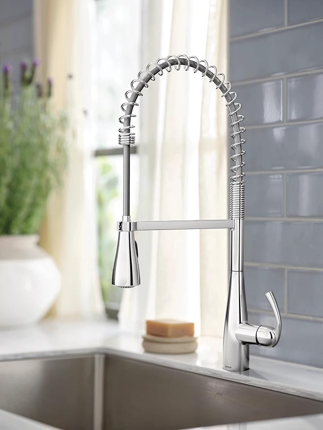 Moen Essie Chrome One-Handle High Arc Pre-Rinse Spring Pulldown Kitchen Faucet with Power Clean, 87814