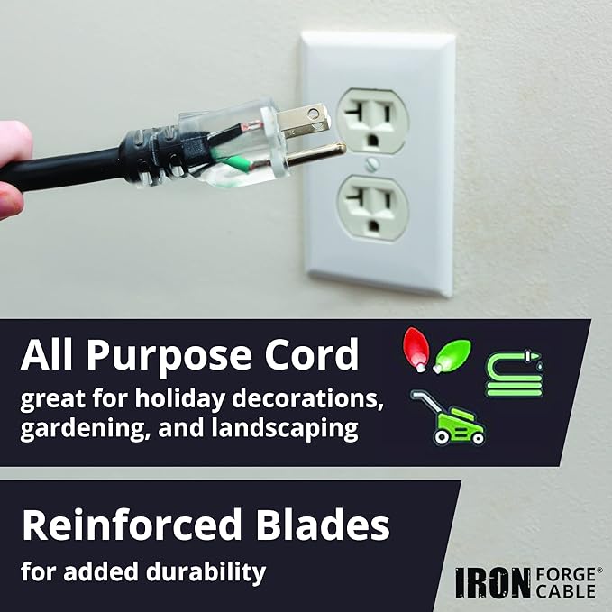 Iron Forge Cable 12 Gauge Extension Cord with Multiple Outlets - Black Heavy Duty Extension Cord 25 ft - 12/3 SJTOW, 3 Prong Lighted Outlet Cords