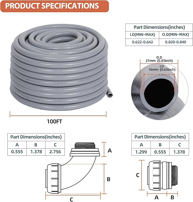 1/2" Liquid-Tight PVC Conduit Kit, 100ft with 10 Connectors, Grey, 5 Straight & 5 90-Degree Fittings, UL Certified, Flexible, Easy Installation, Multi-Application