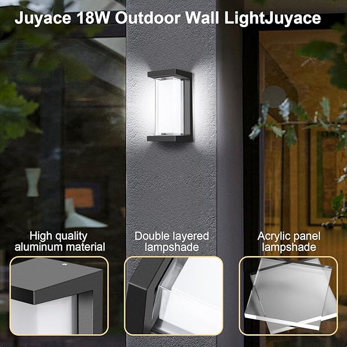 Juyace 18W Exterior Lighting Fixtures 4 Pack Budget-Friendly Outdoor Porch Lights Modern Black Sconces Wall Mount 1800Lm 6000K IP65 Waterproof for Garage House Patio Front Door Entryway