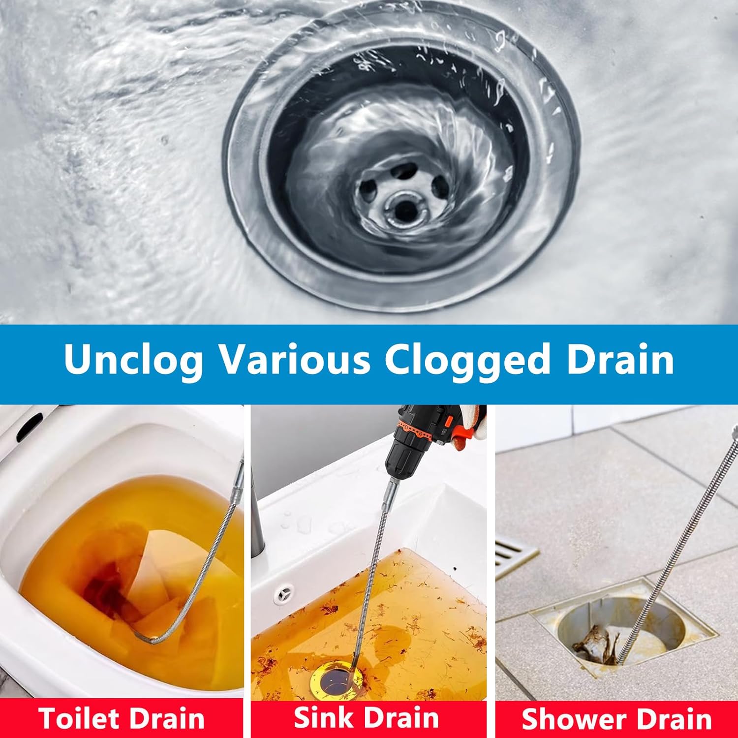 Drain Clog Remover, Spring Drain Snake with Electric Drill Connector, Metal Drain Hair Removal Tool for Sewer Kitchen Sink Bathroom Toilet Clogged Drain Auger Cleaner,1 Pcs 393.7 In 32.8 FT