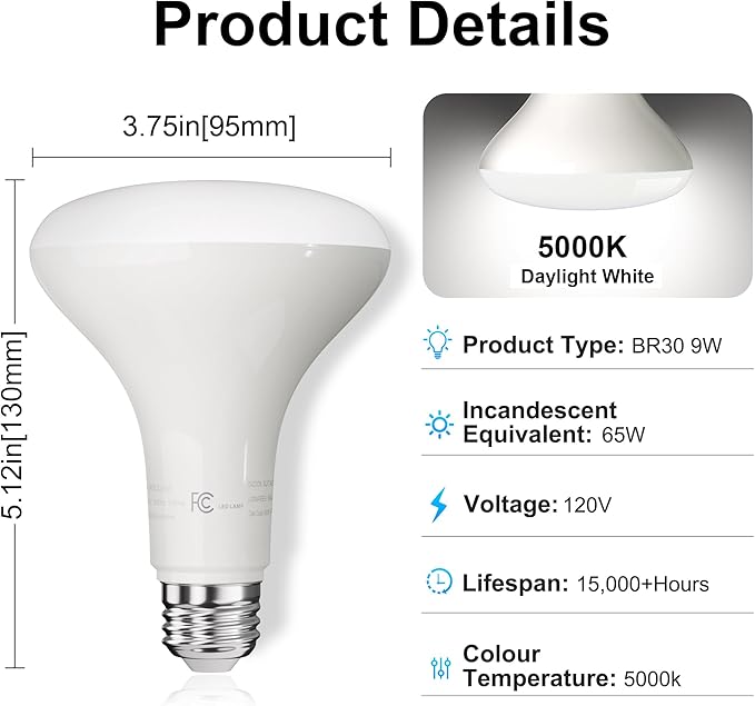 LED Flood Light Bulb Indoor, Dimmable BR30 Recessed Can Light Bulbs, 65 Watt Equivalent Efficient 9W, Daylight White 5000K, E26 Standard Base, 800 LM 15000 Hour Lifetime, for Ceiling, Kitchen, 6 Pack