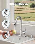 WEWE Kitchen Faucet with Soap Dispenser and Pull Down Sprayer, RV Single Handle Classic 3 Modes Stainless Steel Faucet for Kitchen Sink, RV, Brushed Nickel