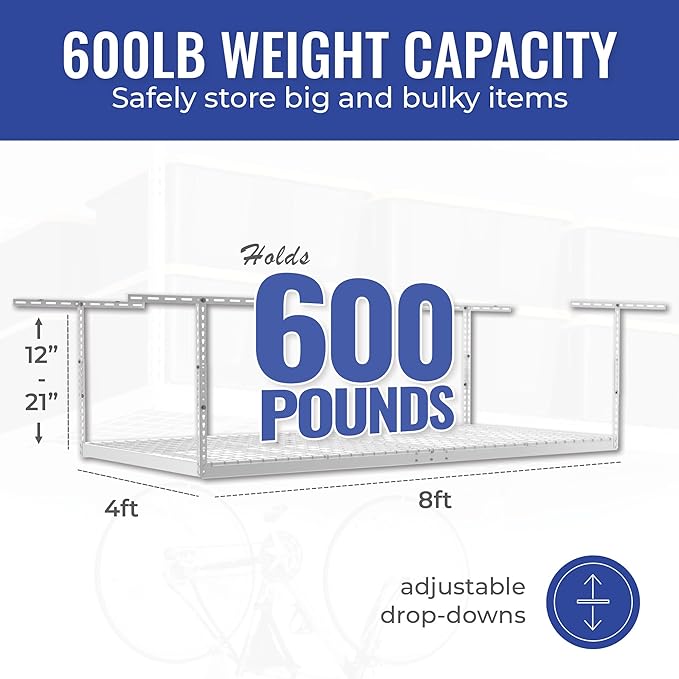SafeRacks 4x8 Overhead Garage Storage Rack Heavy Duty - White (12"-24") - Holds 600 lb
