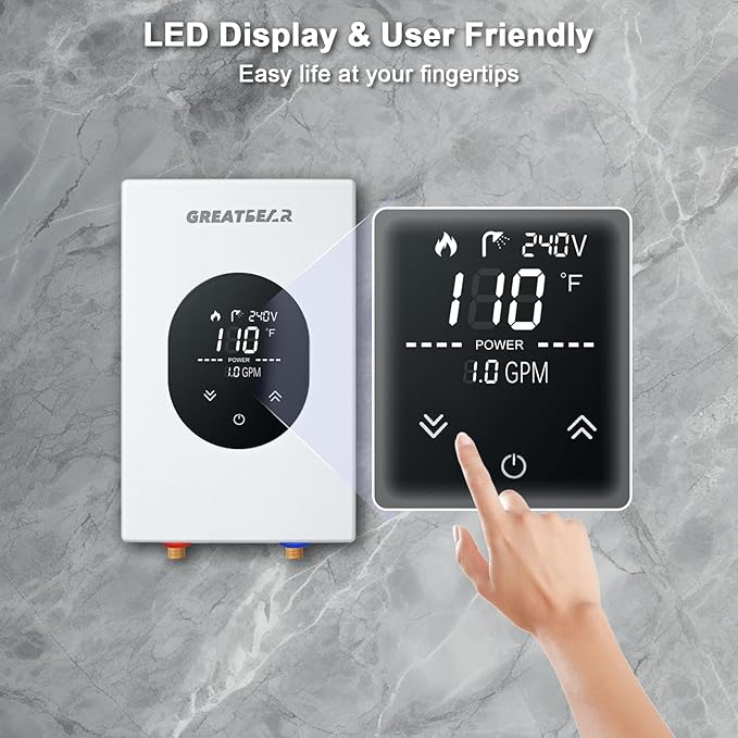 Electric Tankless Water Heater, GREATBEAR 6KW On Demand Water Heater Electric 240V, Point of Use Instant Hot, With Self Modulating GT60W White
