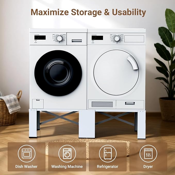 SKM 2-in-1 Washer & Dryer Pedestal Stand, 29" Universal Laundry Raiser for 4.8-5.3 cu. ft. Machines | Heavy-Duty Steel, 700LB Capacity | 12.6" Ergonomic Height, White