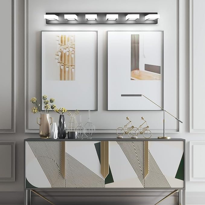 Ralbay Modern Matte Black Bathroom Vanity Light Fixtures 6 Lights Acrylic Modern LED Black Vanity Lights for Bathroom (4500K Neutral White Light)