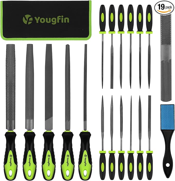 Yougfin 19 pcs File Set, Includes 5 pcs Large Steel Files, 12 pcs Jewelers File Set and Wire Brushes Ideal Hand File Tools for Woodwork, Metal, Model Applications