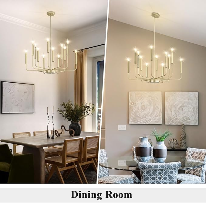 Qamra Modern Farmhouse Gold Chandelier for Dining Room, 12-Light Rustic Candle Chandelier Light Fixture, Industrial Hanging Chandeliers Lighting for Living Room, Kitchen, Staircase, Entryway, Foyer