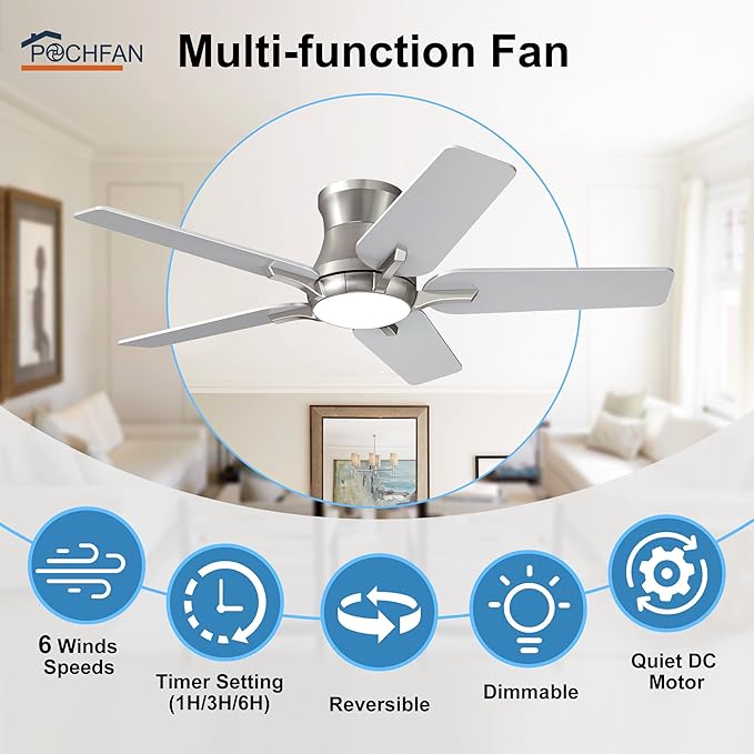 42 Inch Ceiling Fans with Lights and Remote, Brushed Nickel Flush Mount Low Profile Ceiling Fan for Bedroom, Living Room, Patio, Dimmable 6 Speeds Noiseless Reversible, ETL Listed
