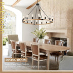 16-Light Wood Wagon Wheel Chandelier Farmhouse Natural, 43.3'' Black Metal Pendant Chandeliers Wooden Rustic Light Fixtures for High Ceiling Living Dining Room Foyer Entryway